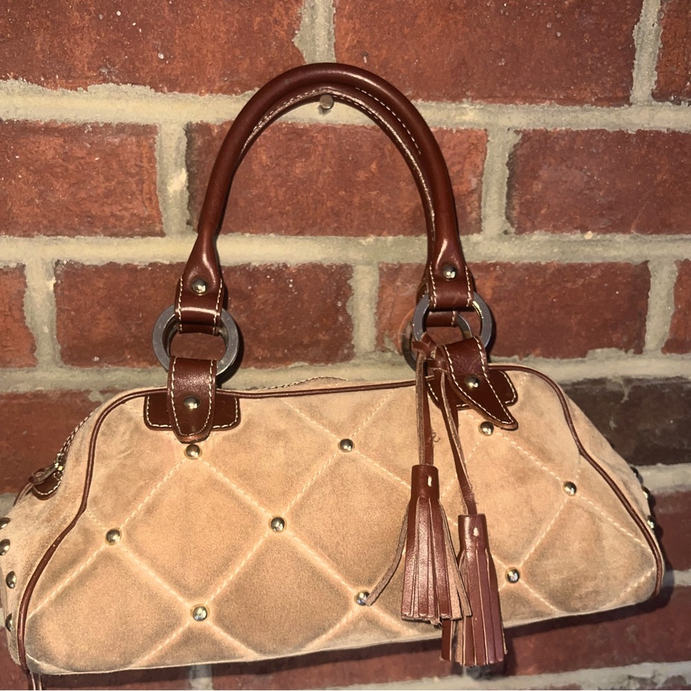 Claudia Firenze tan suede purse with brown leather accents & gold studs